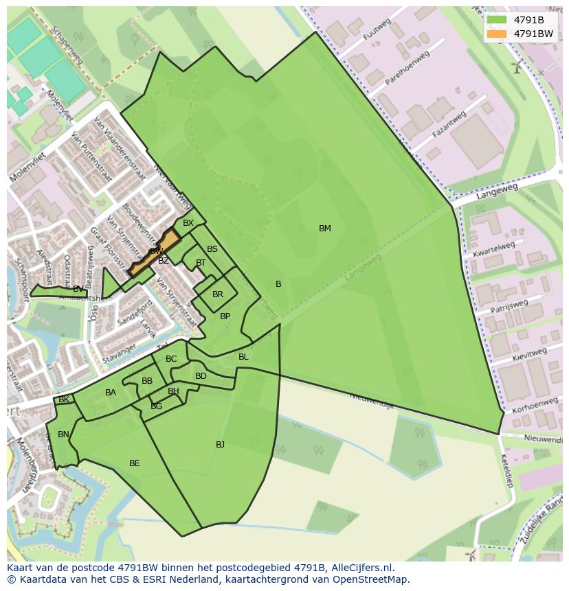 Afbeelding van het postcodegebied 4791 BW op de kaart.