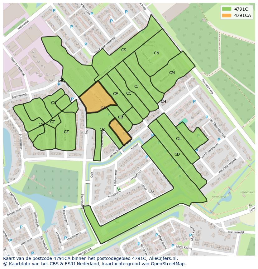 Afbeelding van het postcodegebied 4791 CA op de kaart.