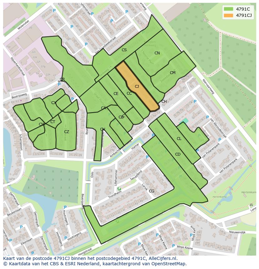 Afbeelding van het postcodegebied 4791 CJ op de kaart.