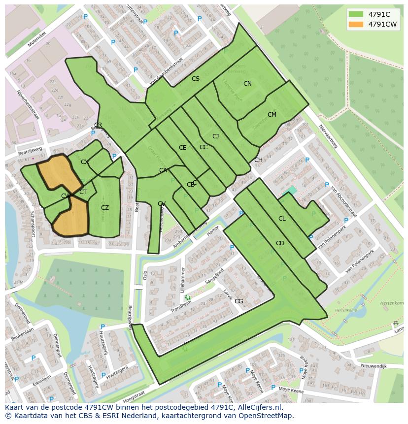 Afbeelding van het postcodegebied 4791 CW op de kaart.