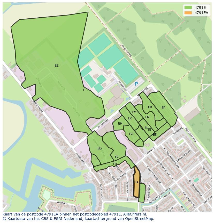 Afbeelding van het postcodegebied 4791 EA op de kaart.