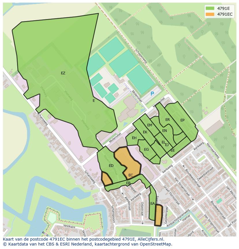 Afbeelding van het postcodegebied 4791 EC op de kaart.