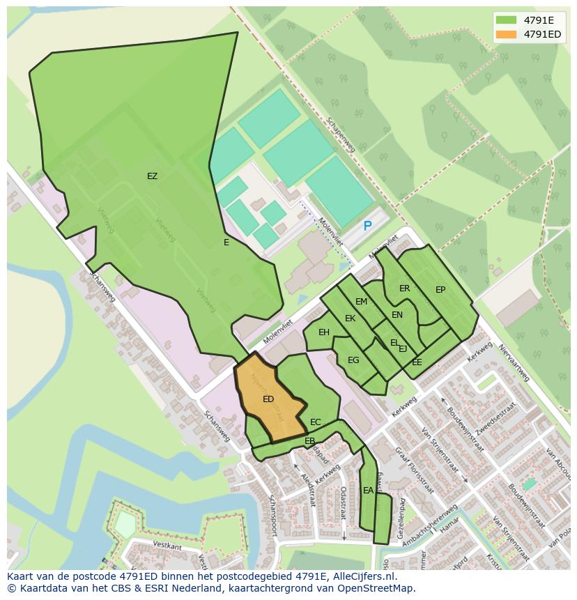 Afbeelding van het postcodegebied 4791 ED op de kaart.