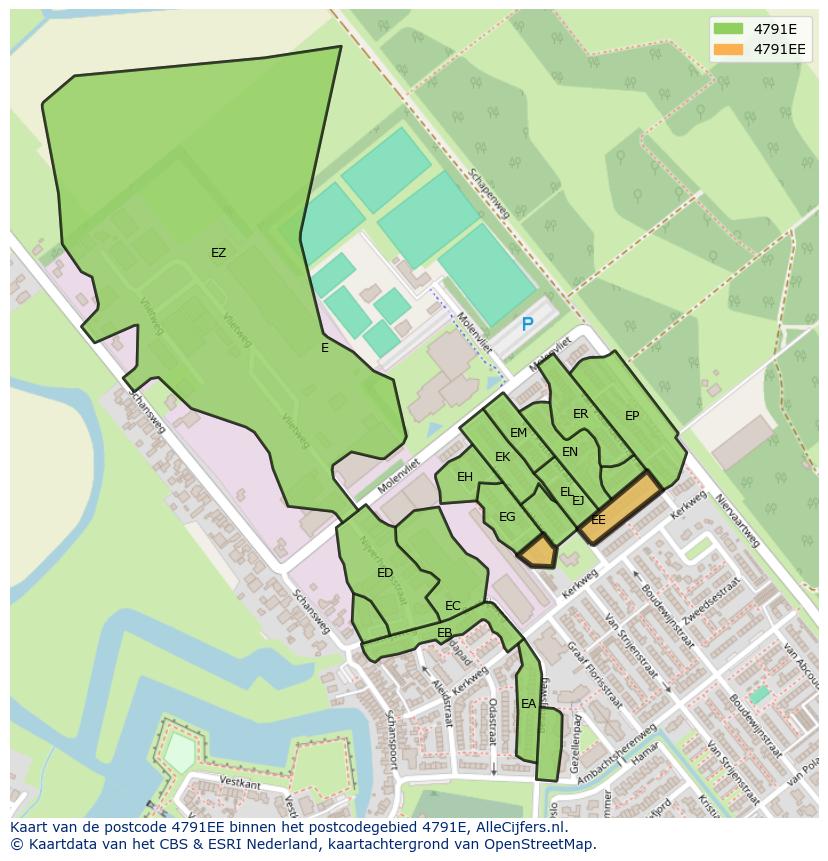 Afbeelding van het postcodegebied 4791 EE op de kaart.