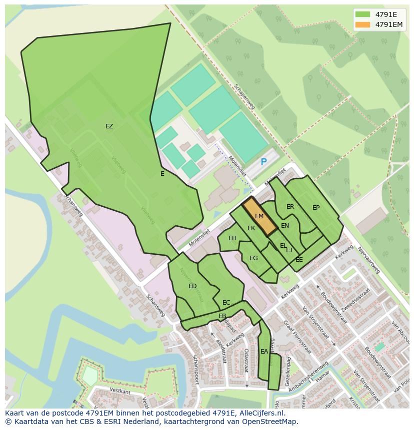 Afbeelding van het postcodegebied 4791 EM op de kaart.