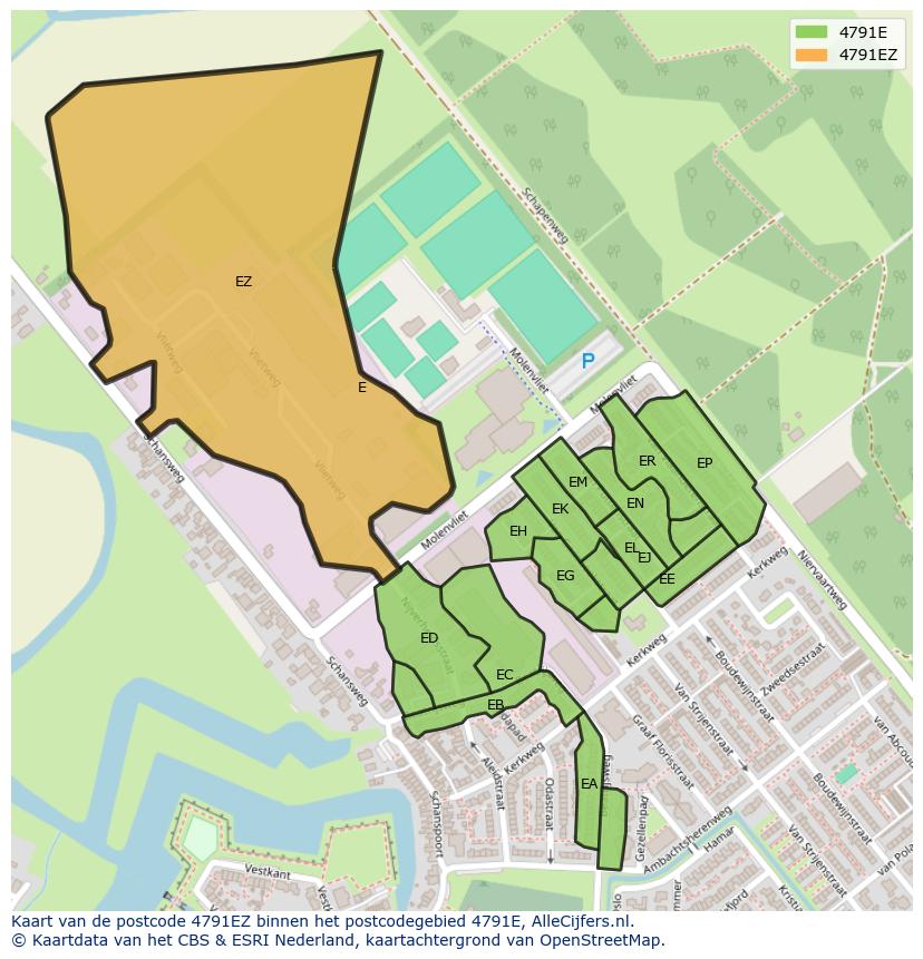 Afbeelding van het postcodegebied 4791 EZ op de kaart.