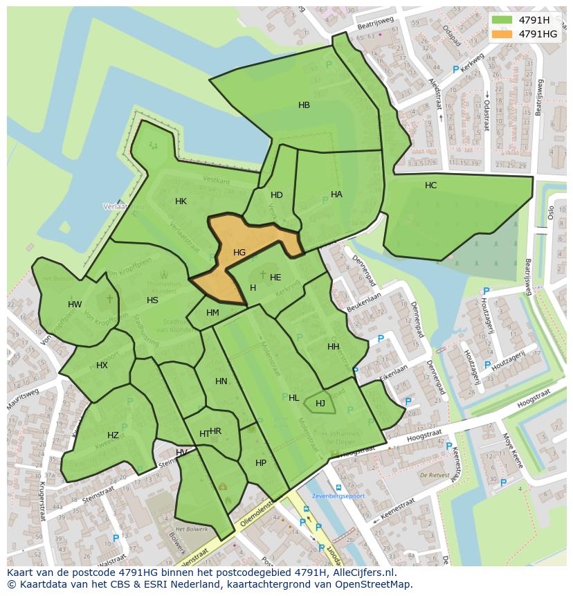 Afbeelding van het postcodegebied 4791 HG op de kaart.