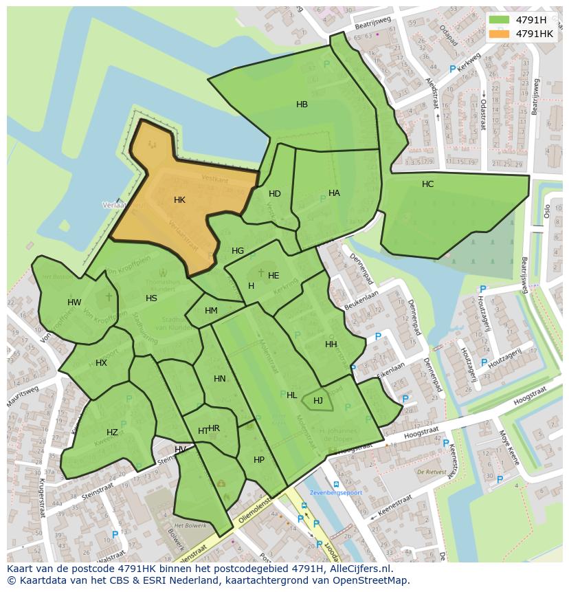 Afbeelding van het postcodegebied 4791 HK op de kaart.