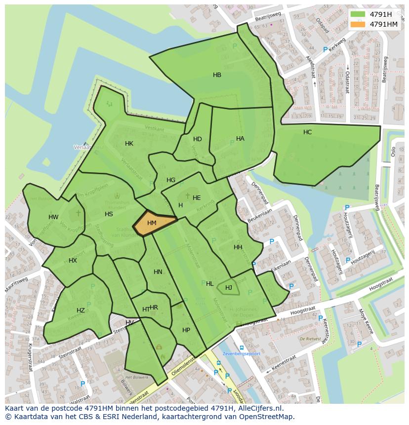 Afbeelding van het postcodegebied 4791 HM op de kaart.