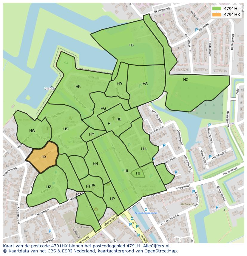 Afbeelding van het postcodegebied 4791 HX op de kaart.