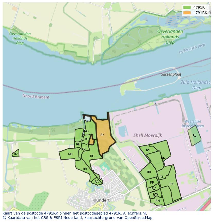 Afbeelding van het postcodegebied 4791 RK op de kaart.