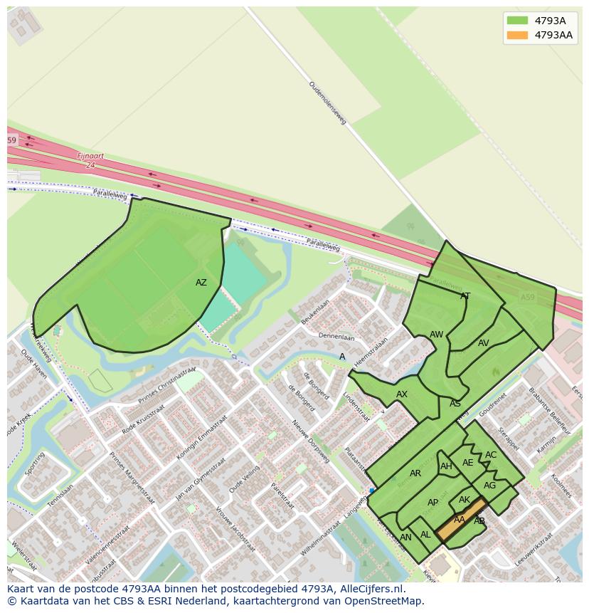 Afbeelding van het postcodegebied 4793 AA op de kaart.
