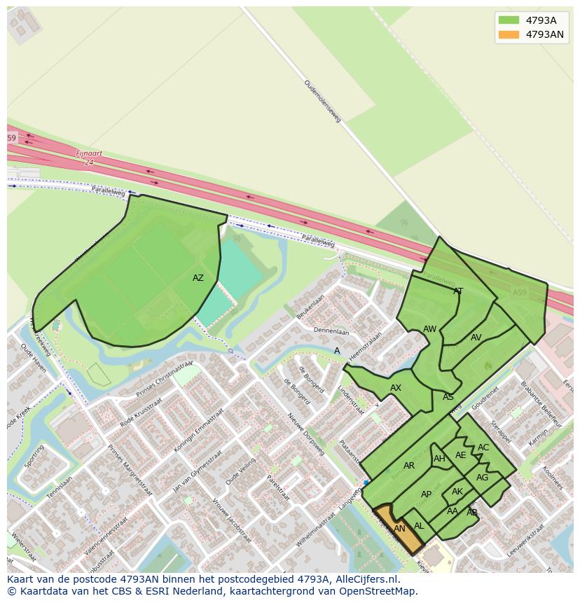 Afbeelding van het postcodegebied 4793 AN op de kaart.