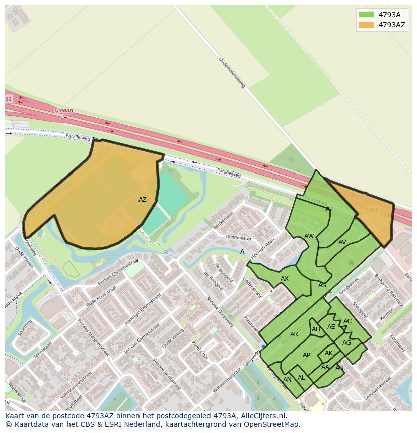 Afbeelding van het postcodegebied 4793 AZ op de kaart.