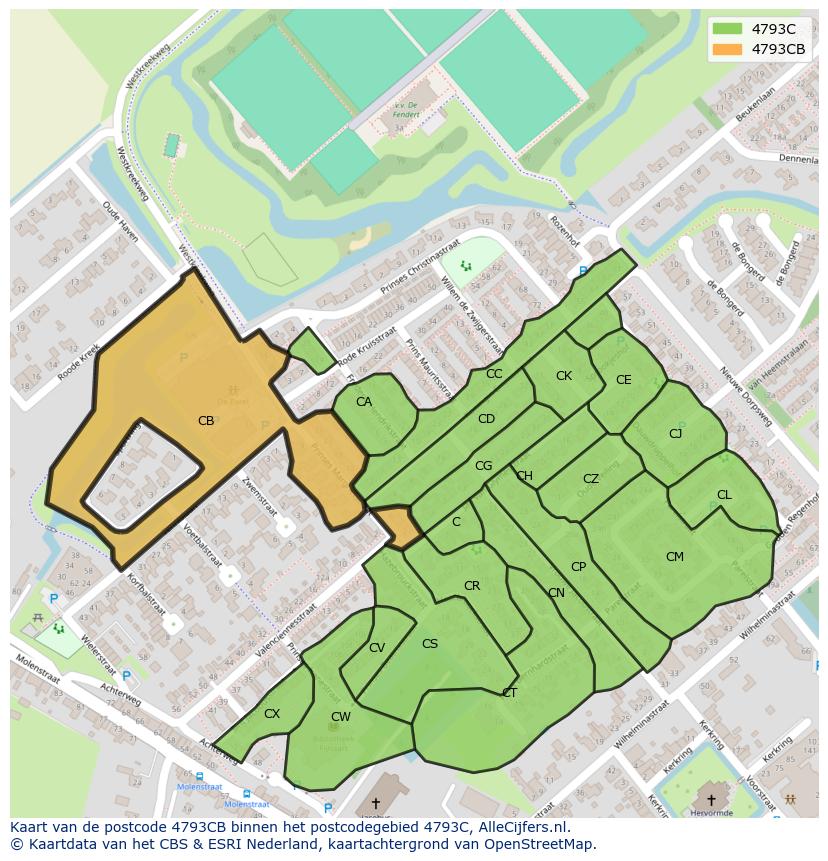 Afbeelding van het postcodegebied 4793 CB op de kaart.
