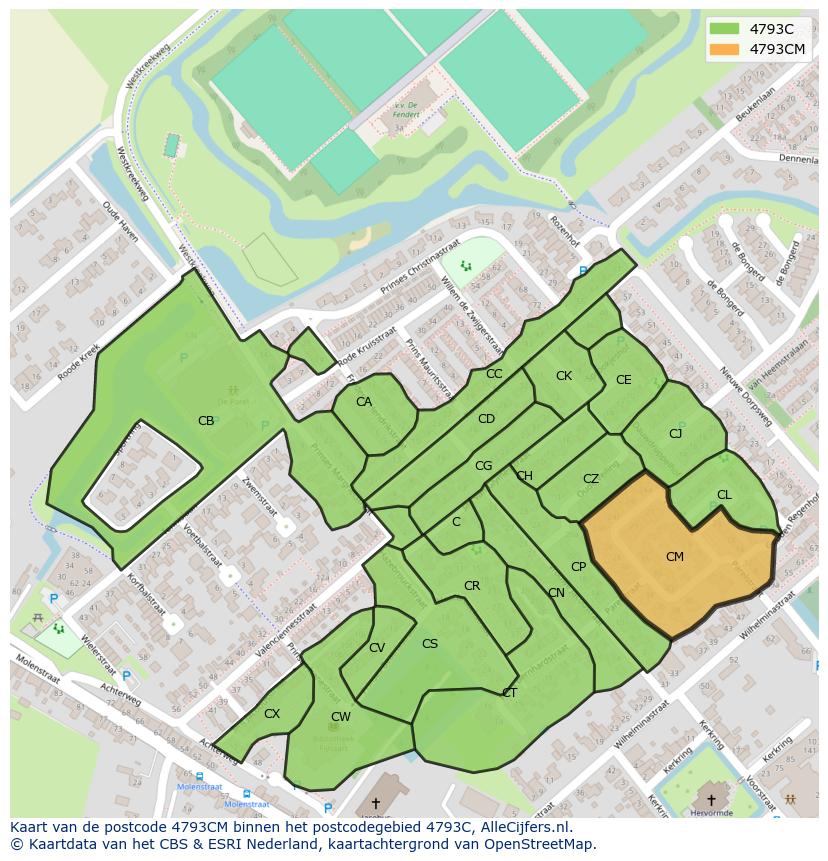 Afbeelding van het postcodegebied 4793 CM op de kaart.