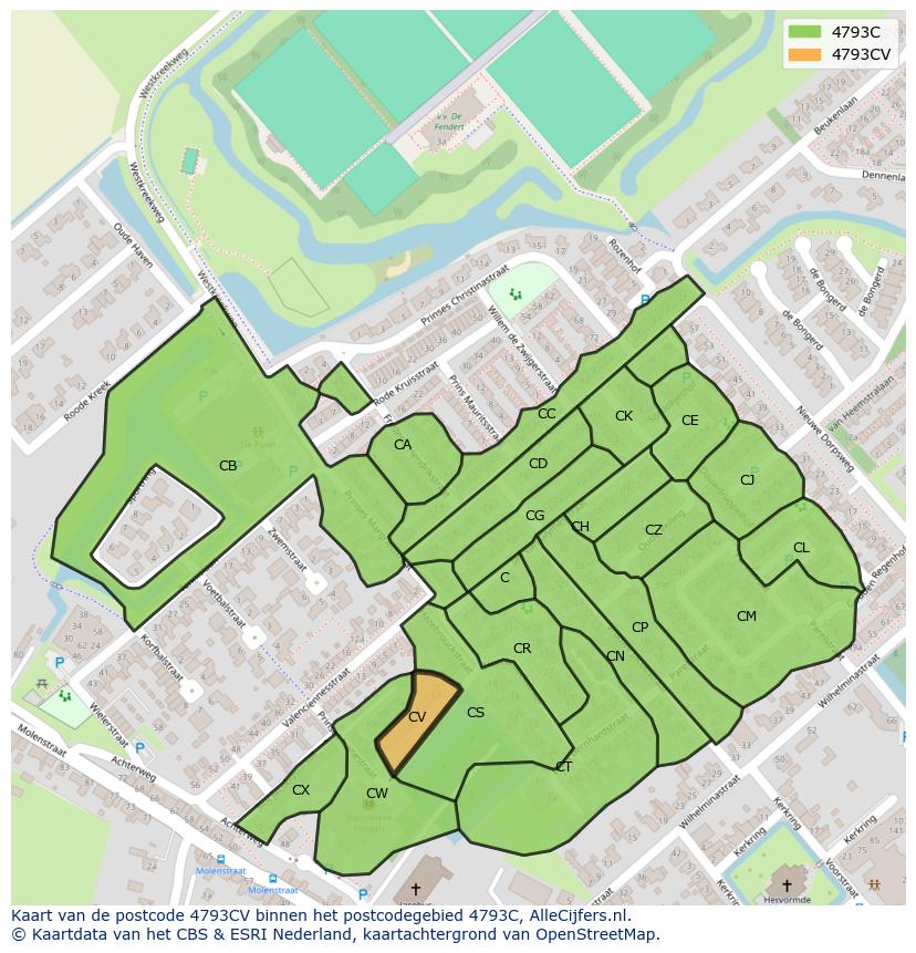Afbeelding van het postcodegebied 4793 CV op de kaart.