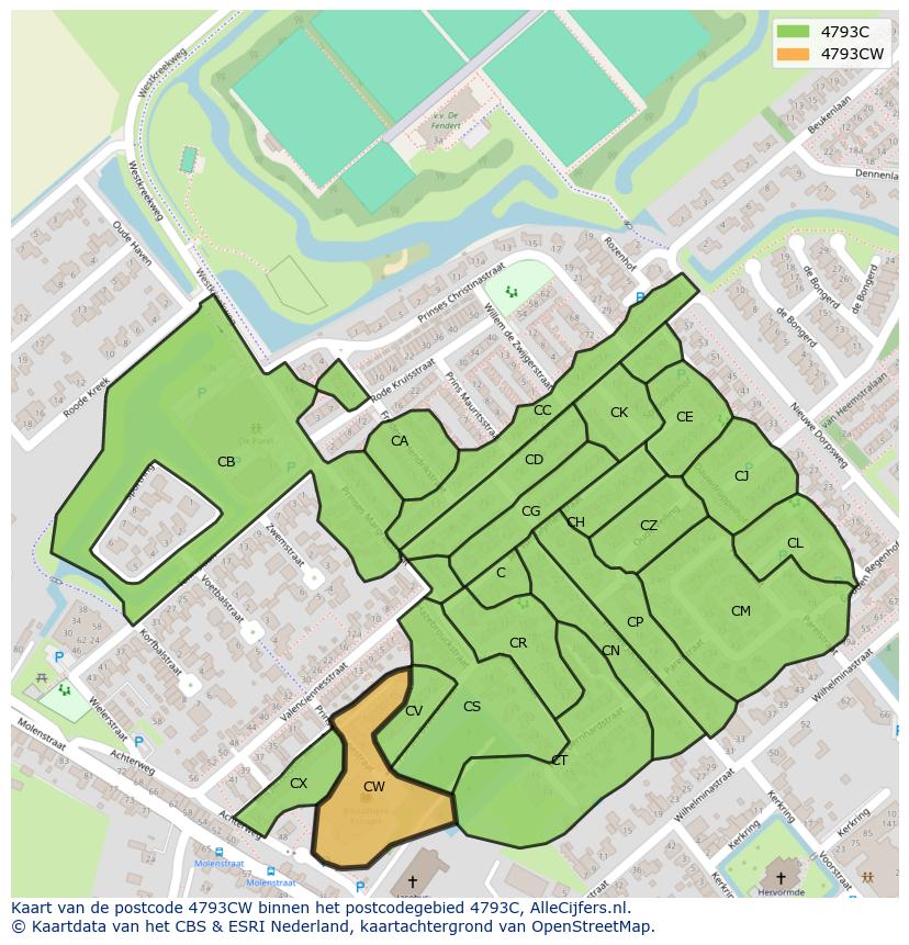 Afbeelding van het postcodegebied 4793 CW op de kaart.