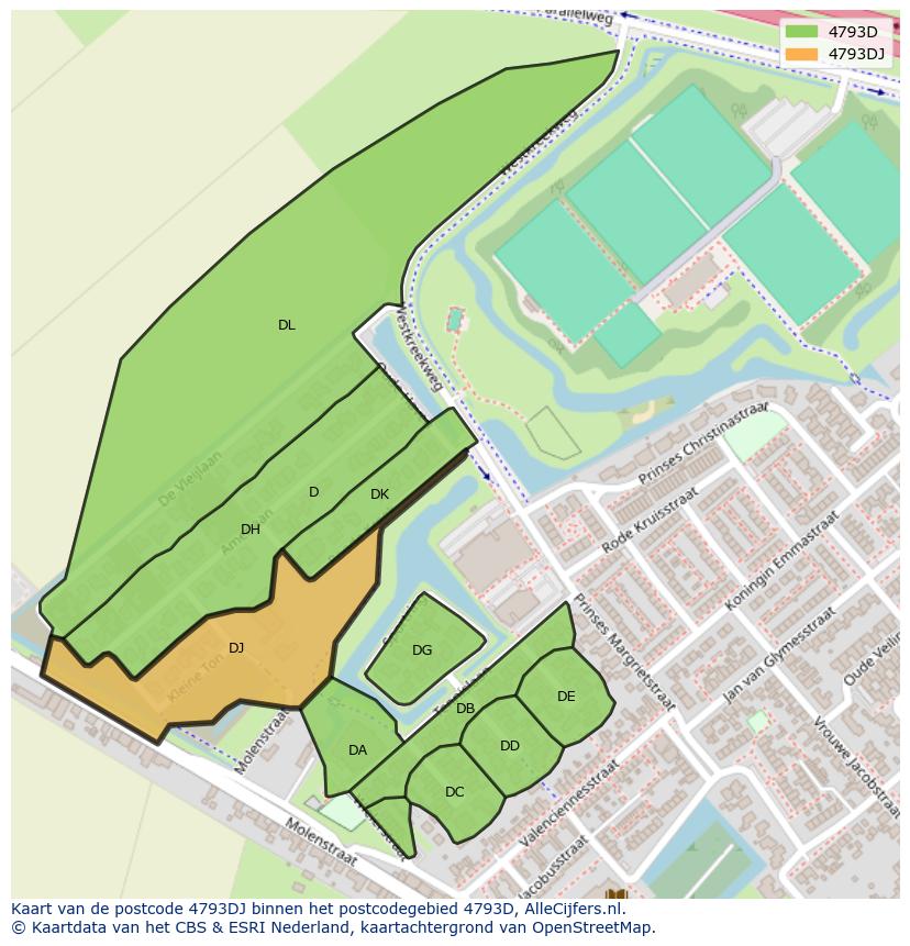 Afbeelding van het postcodegebied 4793 DJ op de kaart.