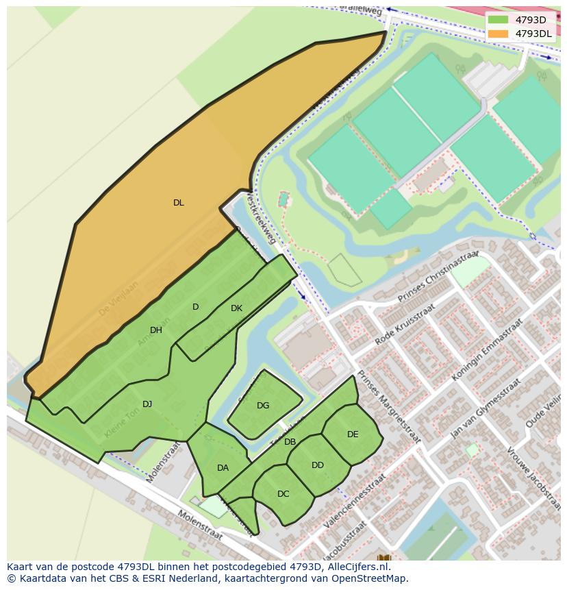 Afbeelding van het postcodegebied 4793 DL op de kaart.