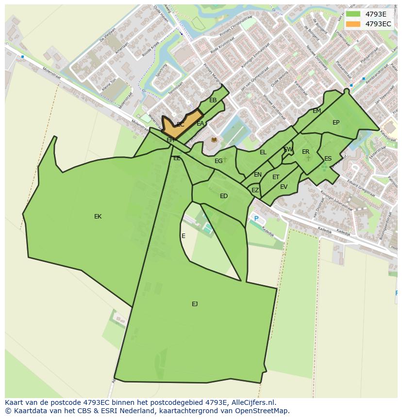 Afbeelding van het postcodegebied 4793 EC op de kaart.