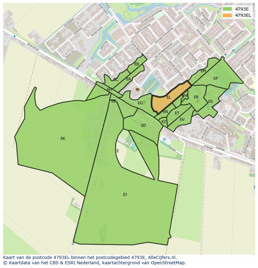 Afbeelding van het postcodegebied 4793 EL op de kaart.
