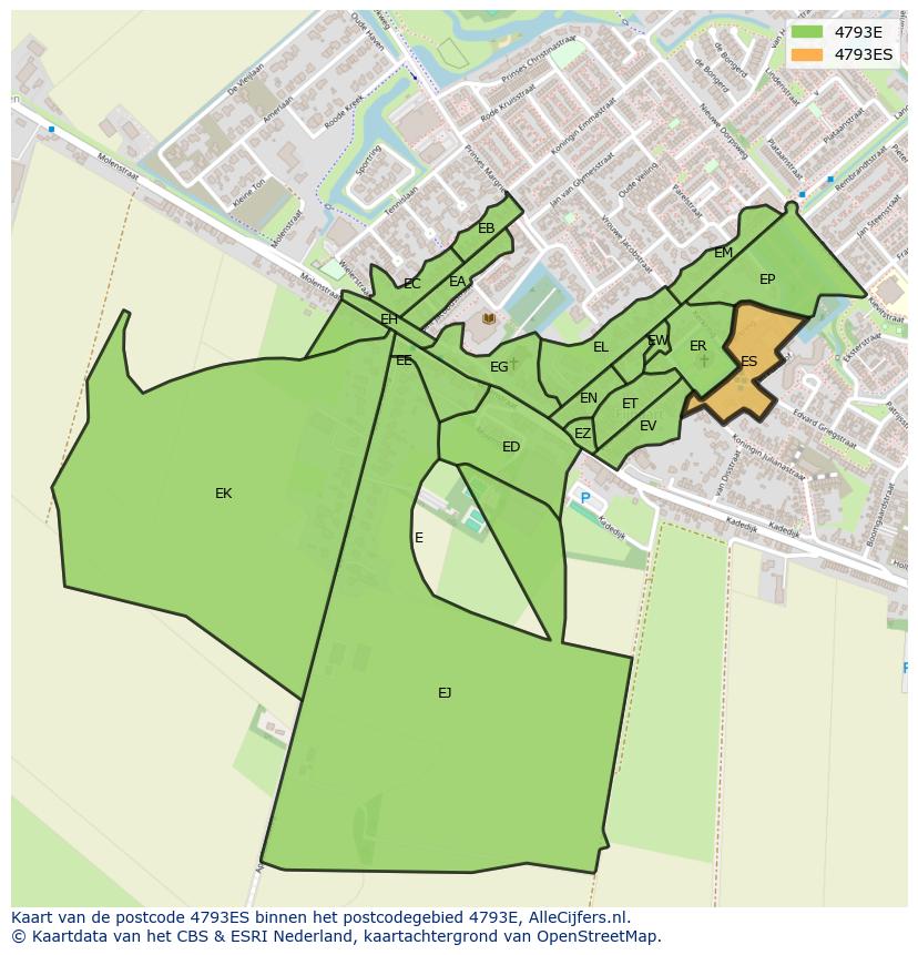 Afbeelding van het postcodegebied 4793 ES op de kaart.