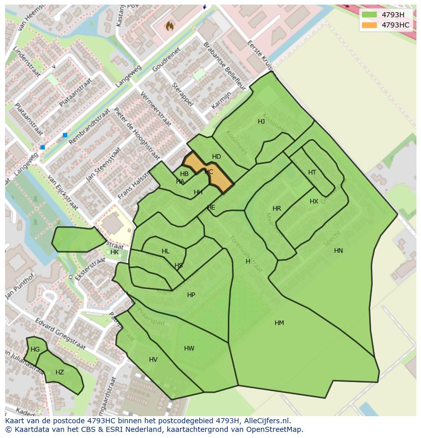 Afbeelding van het postcodegebied 4793 HC op de kaart.