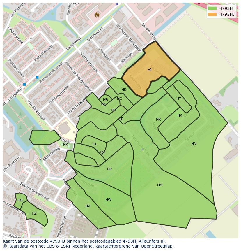 Afbeelding van het postcodegebied 4793 HJ op de kaart.