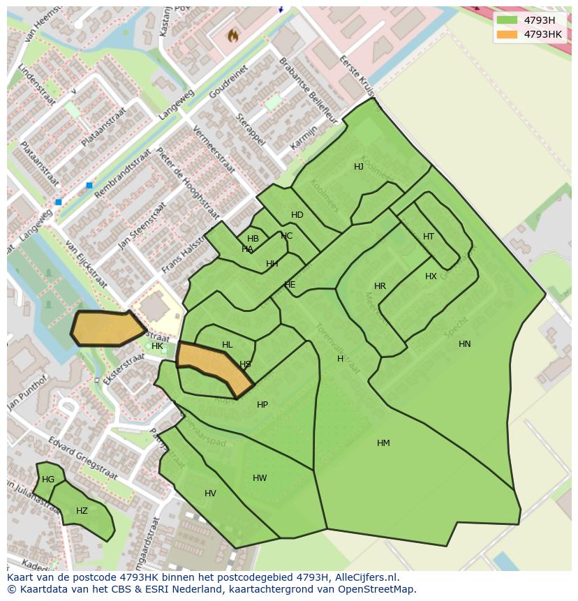 Afbeelding van het postcodegebied 4793 HK op de kaart.