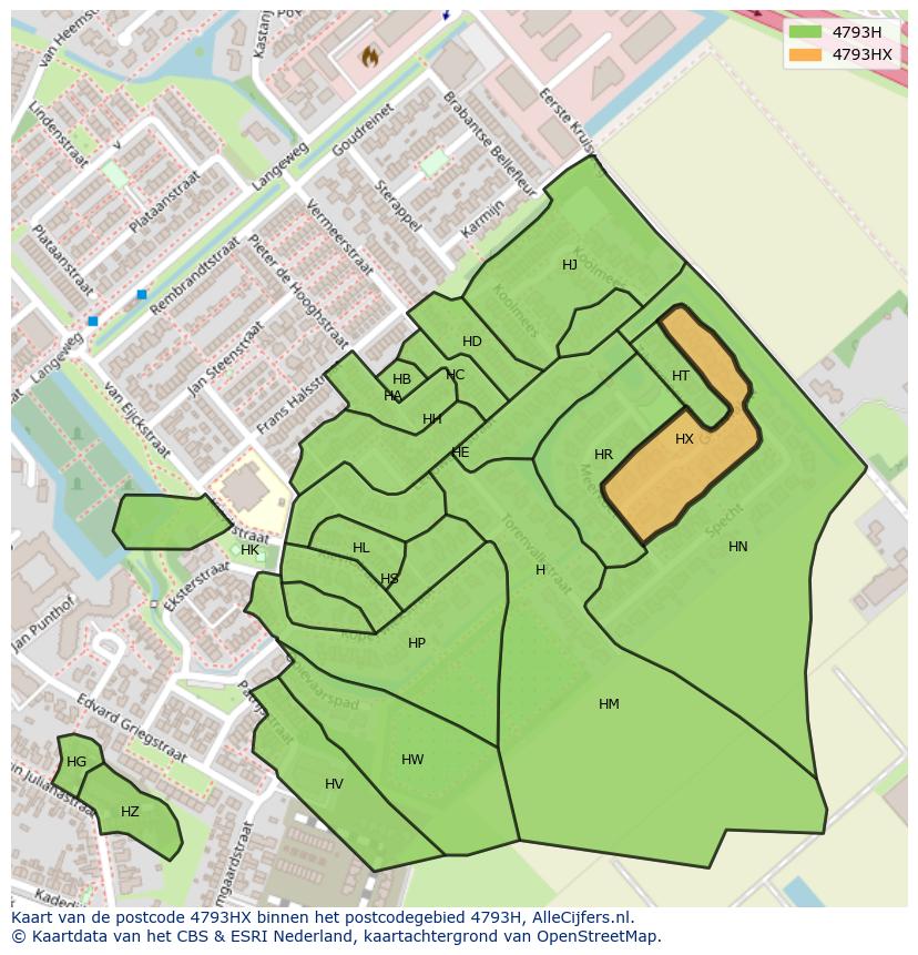 Afbeelding van het postcodegebied 4793 HX op de kaart.