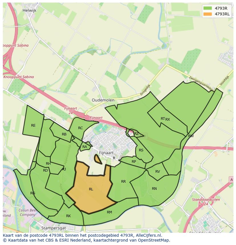 Afbeelding van het postcodegebied 4793 RL op de kaart.