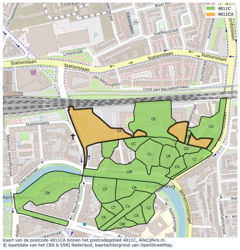 Afbeelding van het postcodegebied 4811 CA op de kaart.