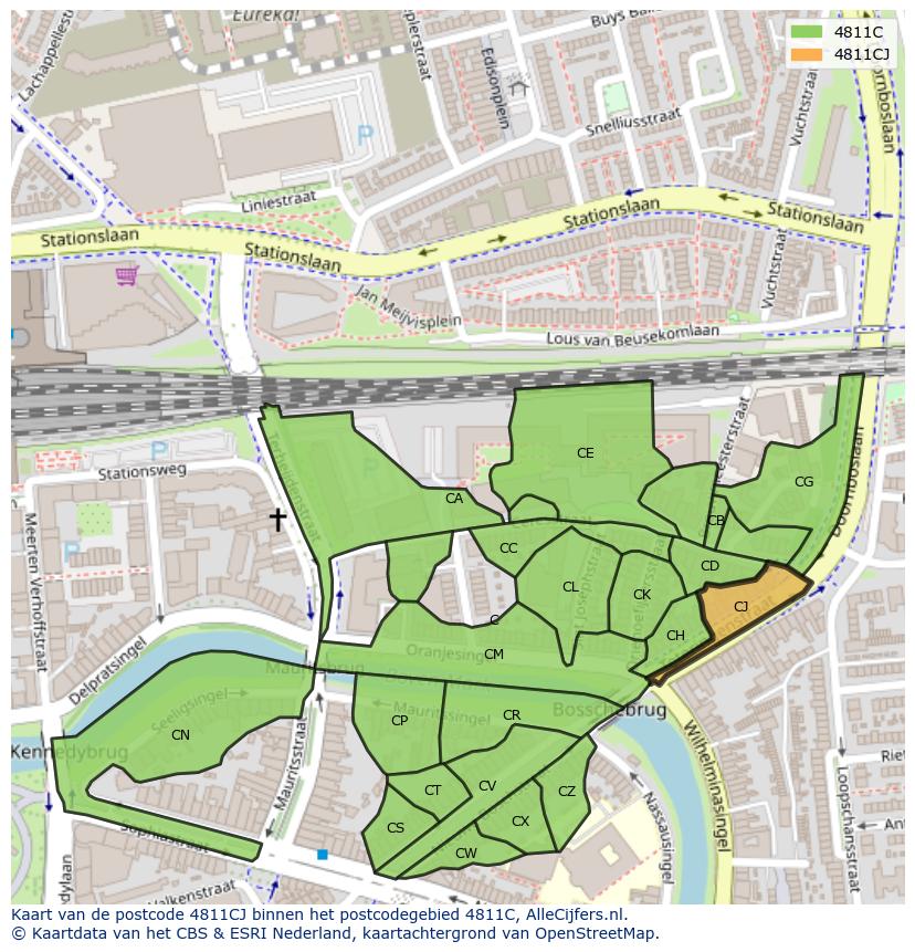 Afbeelding van het postcodegebied 4811 CJ op de kaart.