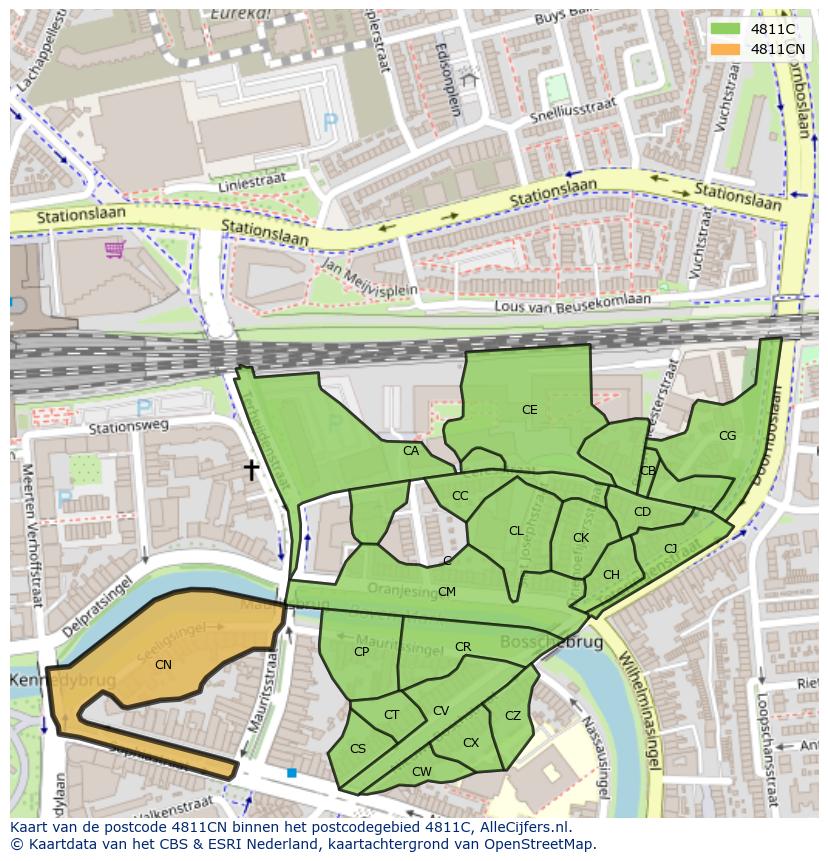 Afbeelding van het postcodegebied 4811 CN op de kaart.