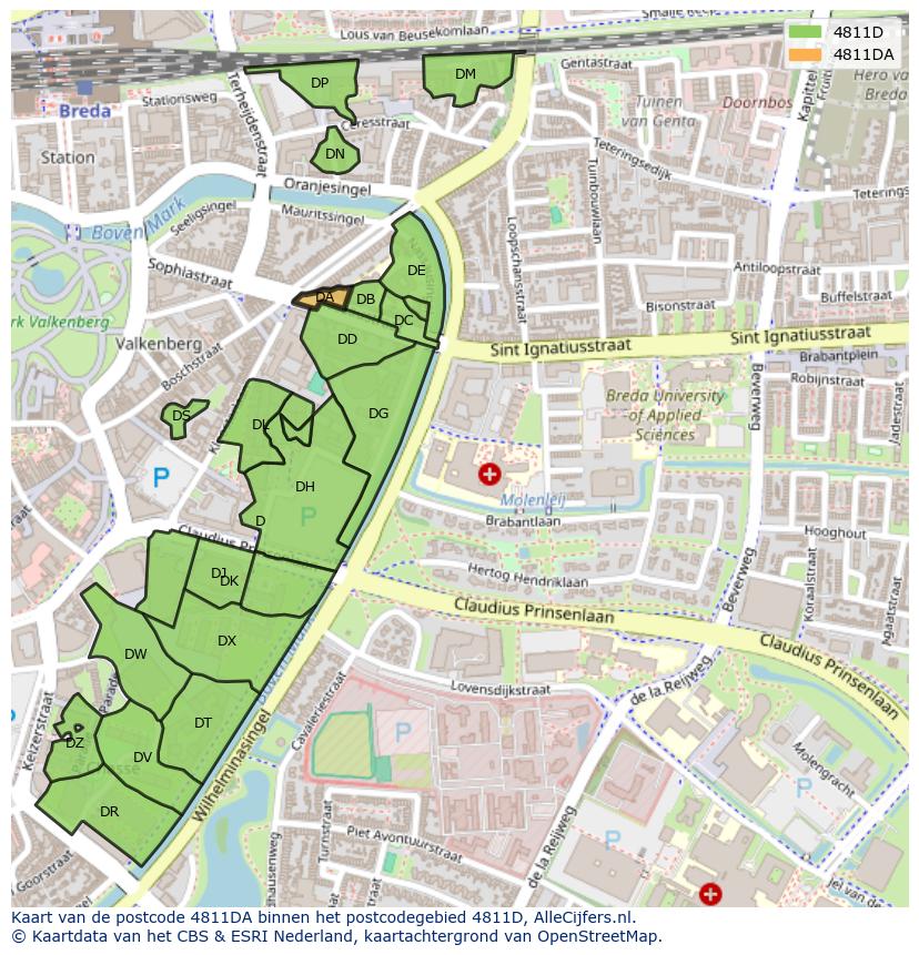 Afbeelding van het postcodegebied 4811 DA op de kaart.