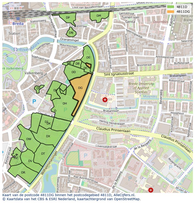 Afbeelding van het postcodegebied 4811 DG op de kaart.