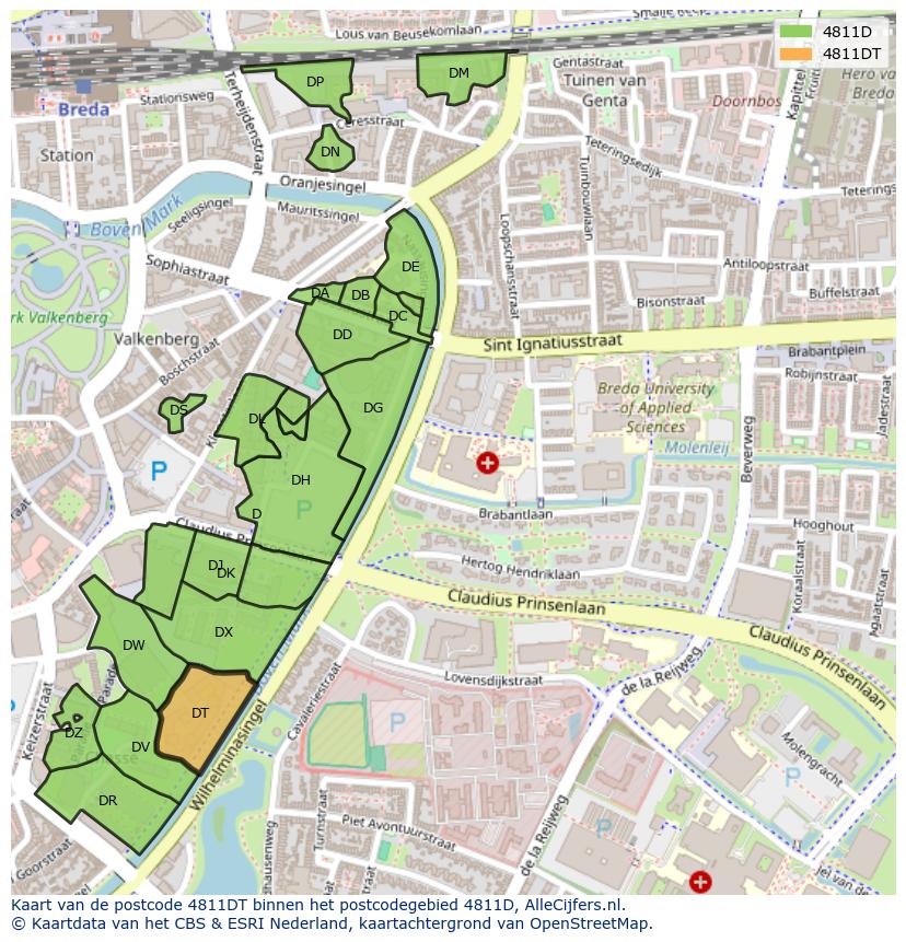Afbeelding van het postcodegebied 4811 DT op de kaart.