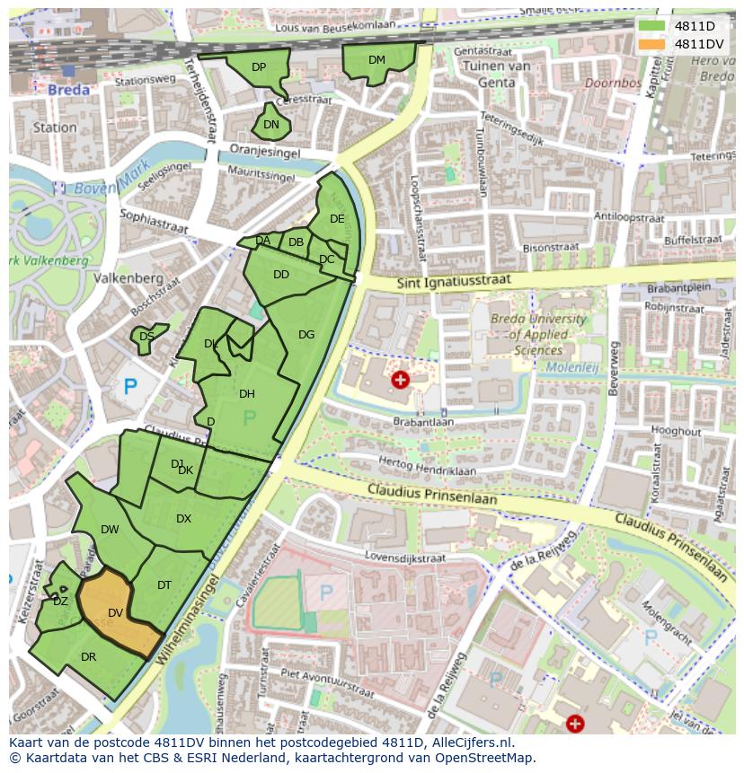 Afbeelding van het postcodegebied 4811 DV op de kaart.