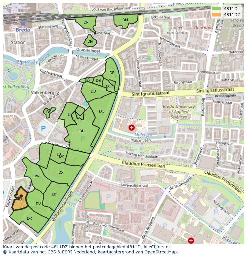 Afbeelding van het postcodegebied 4811 DZ op de kaart.