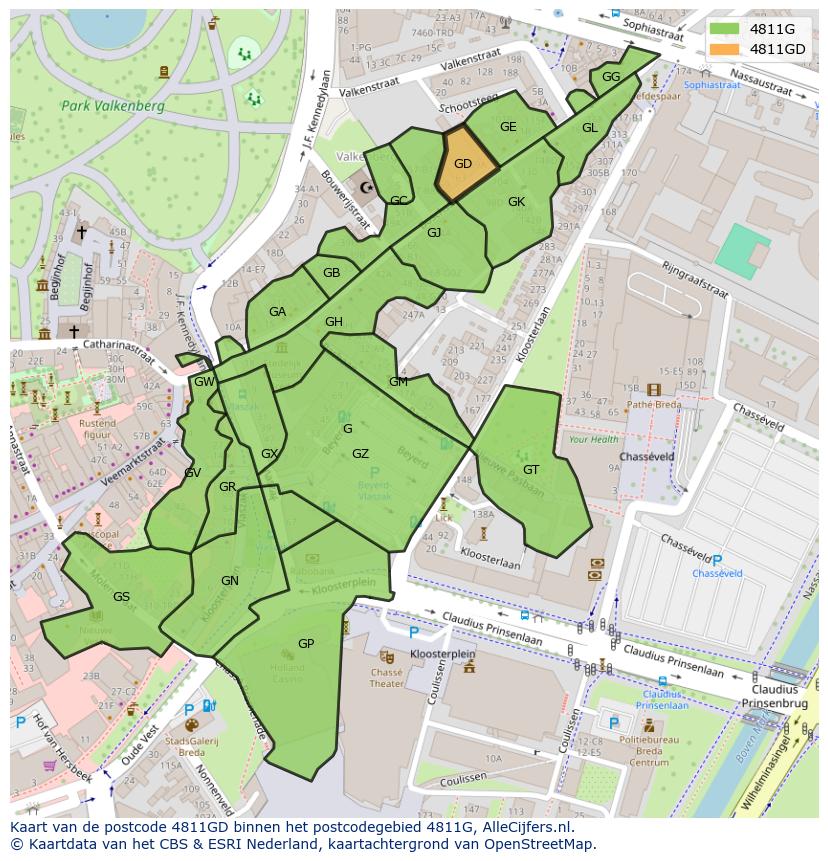 Afbeelding van het postcodegebied 4811 GD op de kaart.