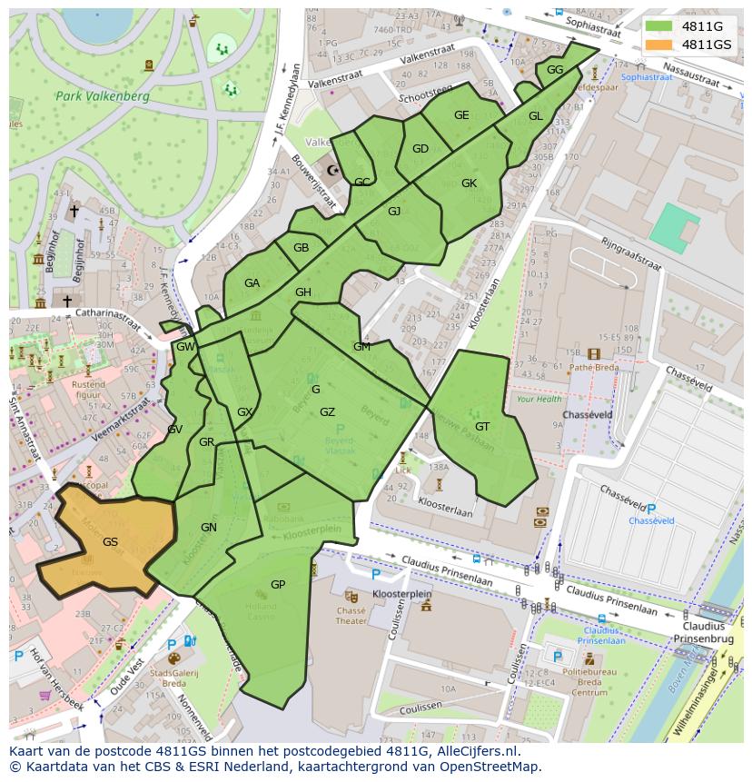 Afbeelding van het postcodegebied 4811 GS op de kaart.