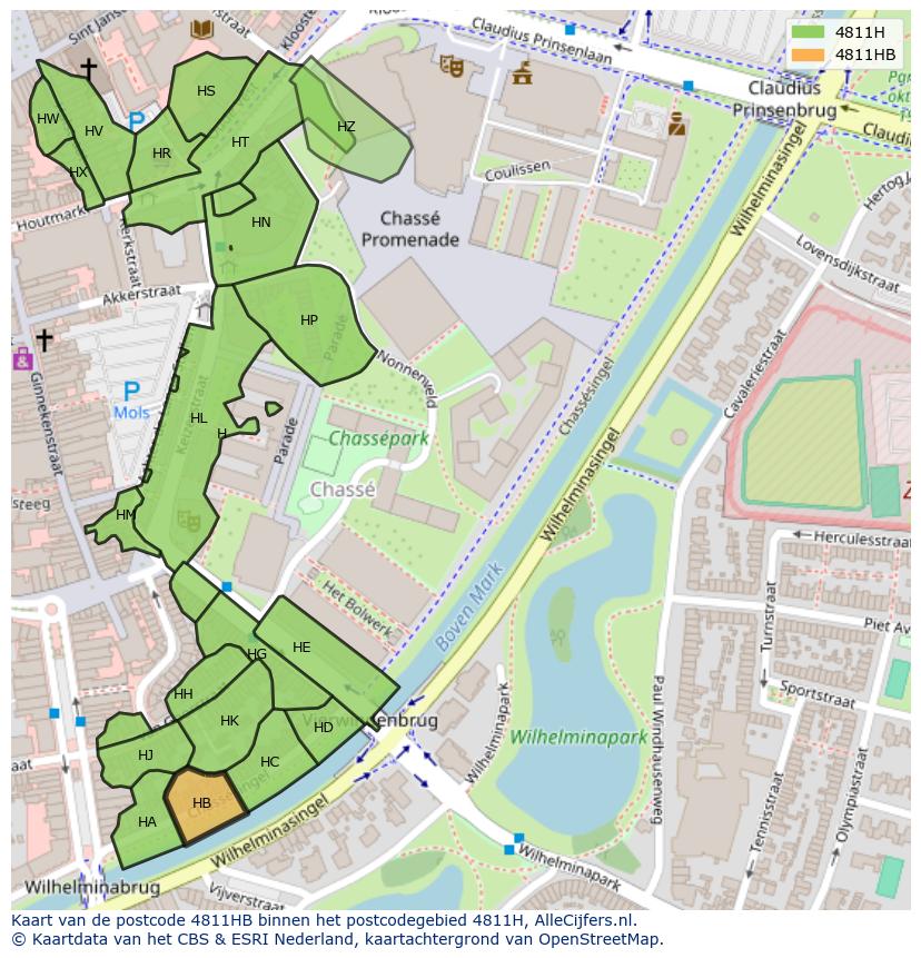 Afbeelding van het postcodegebied 4811 HB op de kaart.