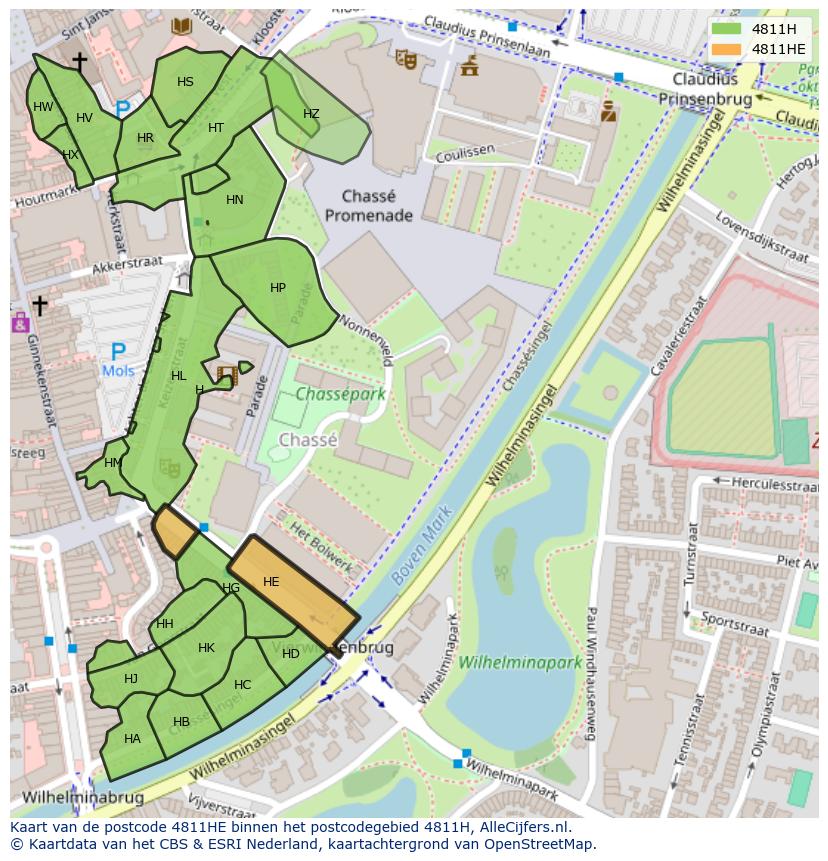 Afbeelding van het postcodegebied 4811 HE op de kaart.
