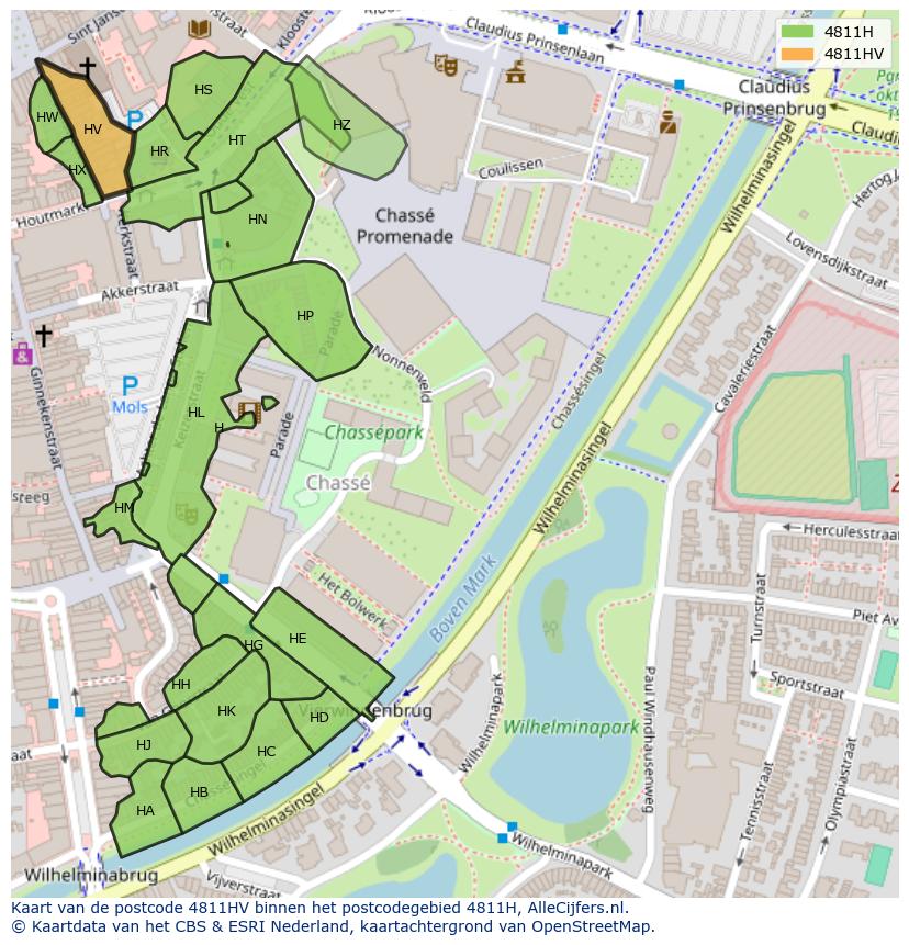 Afbeelding van het postcodegebied 4811 HV op de kaart.