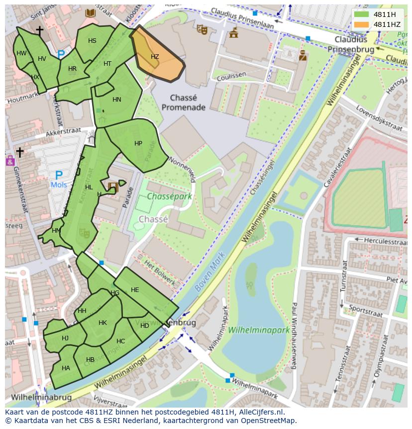 Afbeelding van het postcodegebied 4811 HZ op de kaart.