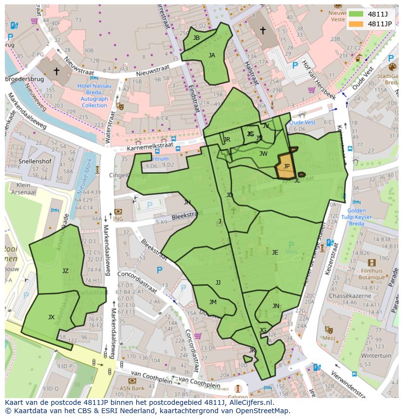Afbeelding van het postcodegebied 4811 JP op de kaart.