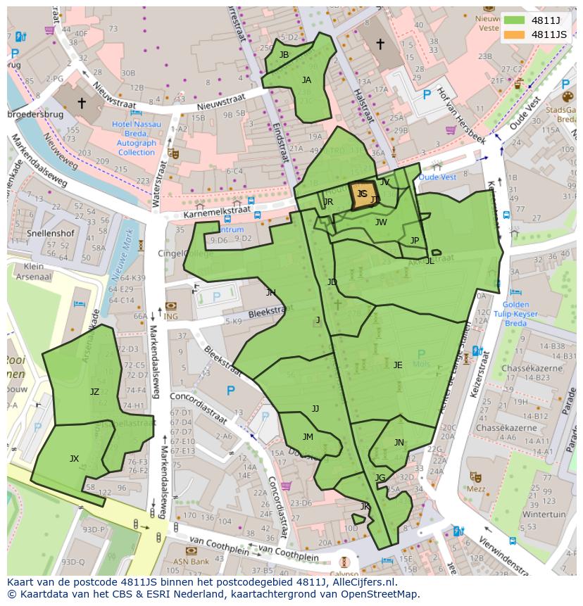 Afbeelding van het postcodegebied 4811 JS op de kaart.