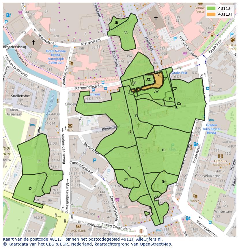 Afbeelding van het postcodegebied 4811 JT op de kaart.