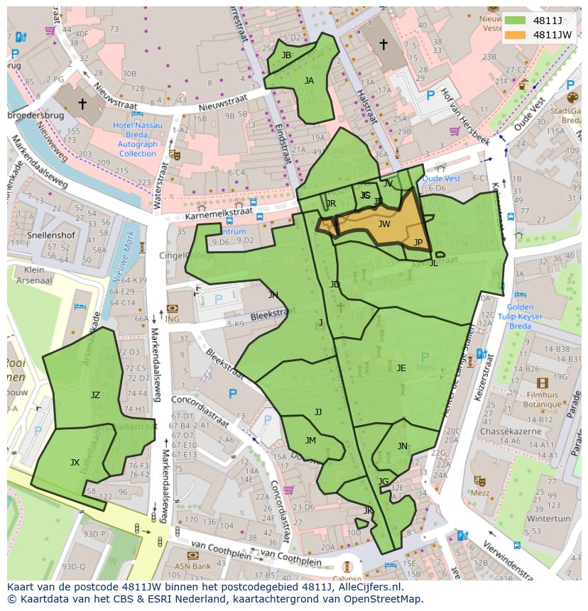 Afbeelding van het postcodegebied 4811 JW op de kaart.